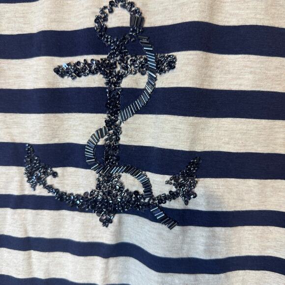 Coldwater Creek Breton Stripe Top Beaded sequins Shirt Size S/8 Nautical Anchor - Picture 4 of 8